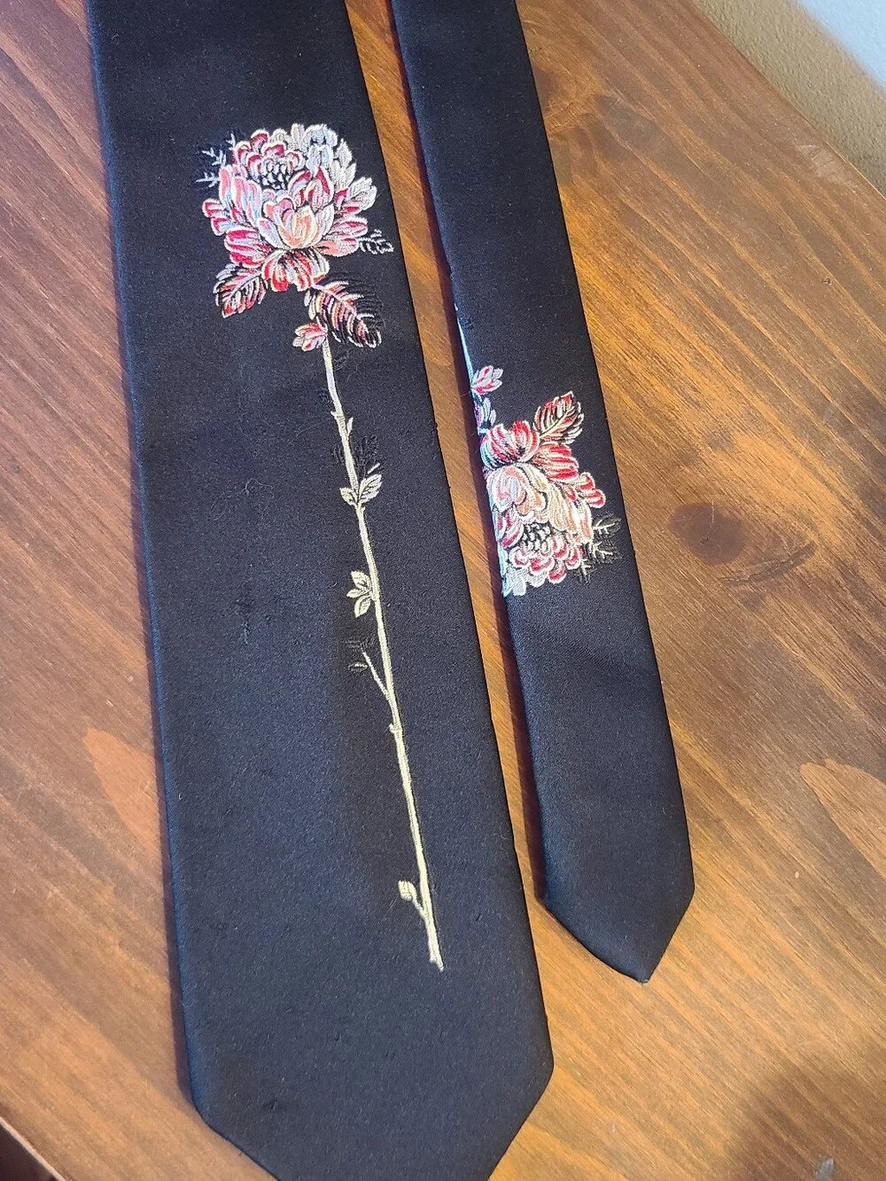 Oleg Cassini Black Tie with Pink, Red and Cream Floral Embroidery